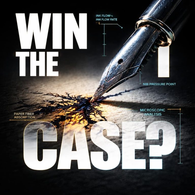 Forensic document examiner Bart Baggett asks can a handwriting expert win the case, shown with a forensic pen nib analysis graphic.