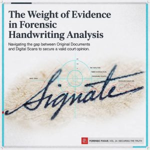 Forensic document examiner Bart Baggett illustrates the weight of evidence in handwriting analysis, comparing original documents to digital scans.
