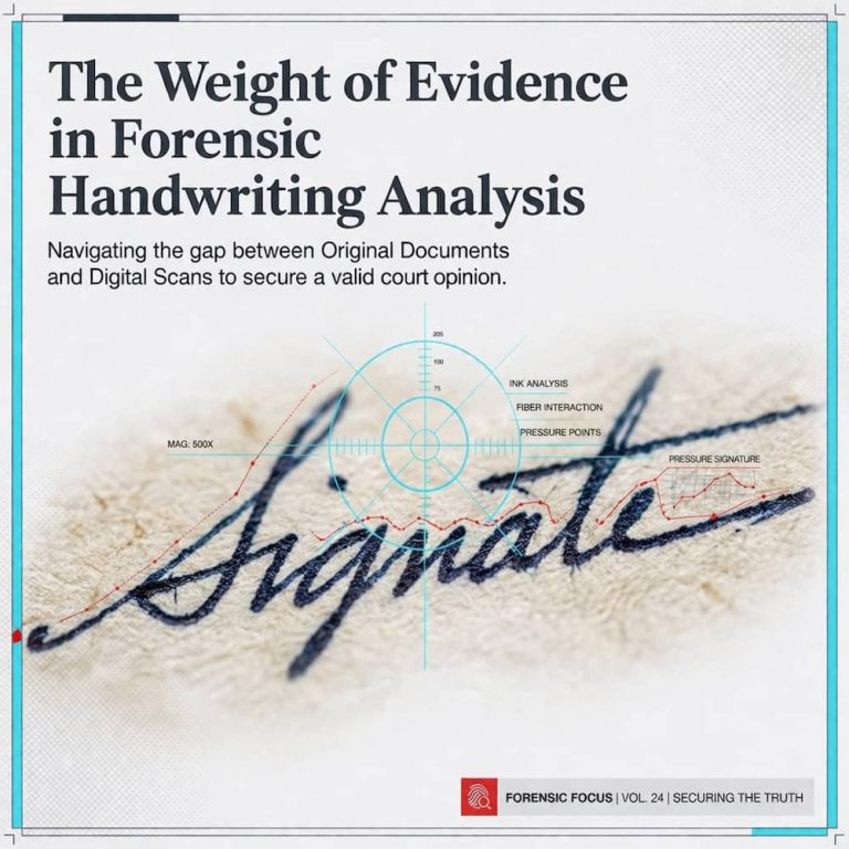 Forensic document examiner Bart Baggett illustrates the weight of evidence in handwriting analysis, comparing original documents to digital scans.