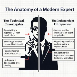 Bart Baggett, forensic document examiner, outlines the dual roles of a modern expert as both technical investigator and independent entrepreneur.
