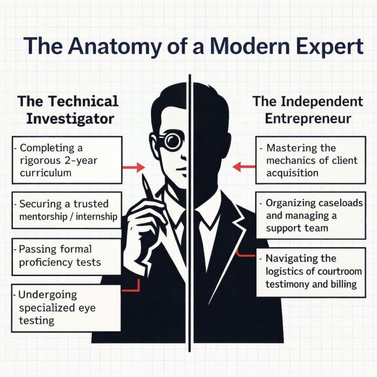 Bart Baggett, forensic document examiner, outlines the dual roles of a modern expert as both technical investigator and independent entrepreneur.