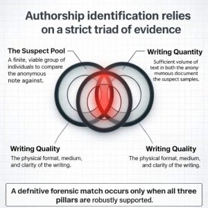 Bart Baggett, forensic document examiner, diagrams the triad of evidence needed for authorship identification: suspect pool, writing quantity, and quality.