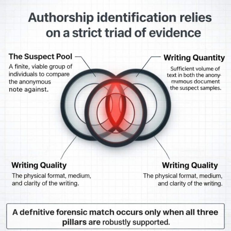 Bart Baggett, forensic document examiner, diagrams the triad of evidence needed for authorship identification: suspect pool, writing quantity, and quality.