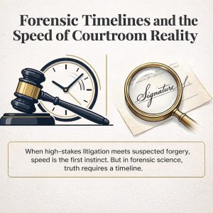 Bart Baggett forensic document examiner graphic on courtroom timelines showing a gavel, clock, and magnified signature.