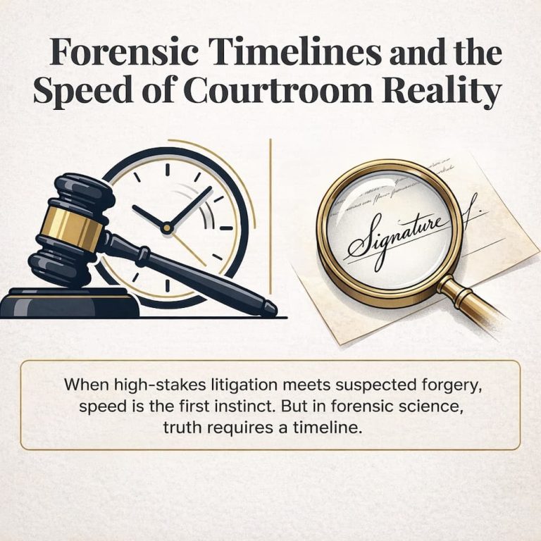 Bart Baggett forensic document examiner graphic on courtroom timelines showing a gavel, clock, and magnified signature.