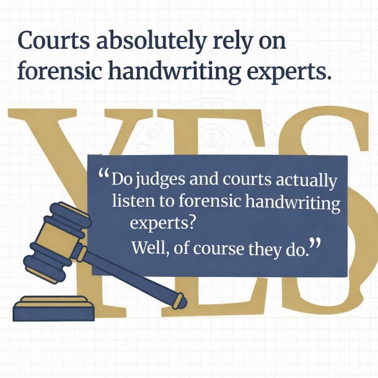 Bart Baggett forensic document examiner bold YES graphic with gavel confirming judges and courts rely on handwriting expert testimony.