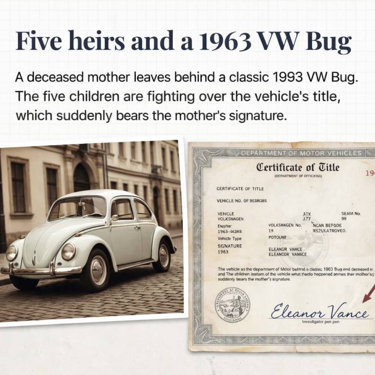 Bart Baggett, forensic document examiner, reviews a disputed 1963 VW Bug title bearing a questioned signature from a deceased mother.