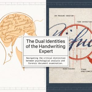 Bart Baggett forensic document examiner explains the dual roles of a handwriting expert through a split diagram showing psychological personality analysis and forensic ink examination.