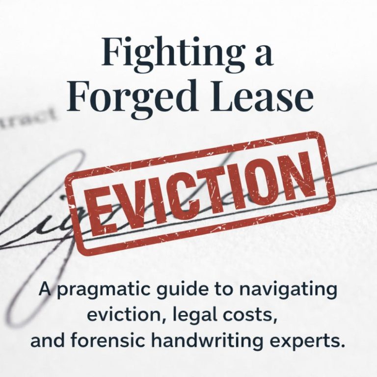 Bart Baggett, forensic document examiner, presents a guide to fighting a forged lease with a bold red eviction stamp.