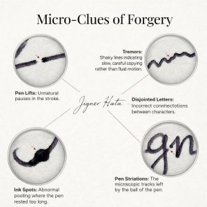Bart Baggett, forensic document examiner, identifies five micro-clues of forgery including pen lifts, tremors, and ink spots.
