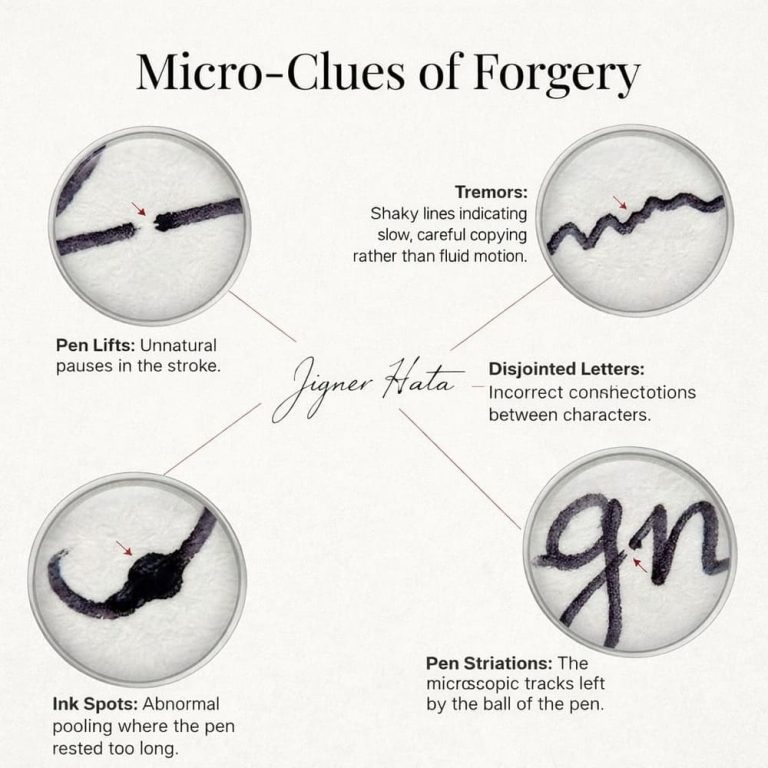 Bart Baggett, forensic document examiner, identifies five micro-clues of forgery including pen lifts, tremors, and ink spots.