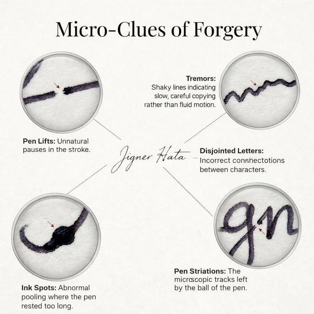 Bart Baggett, forensic document examiner, identifies five micro-clues of forgery including pen lifts, tremors, and ink spots.