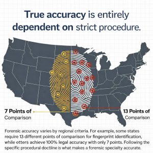 Bart Baggett forensic document examiner graphic showing regional fingerprint comparison standards across the US map proving procedure drives accuracy.