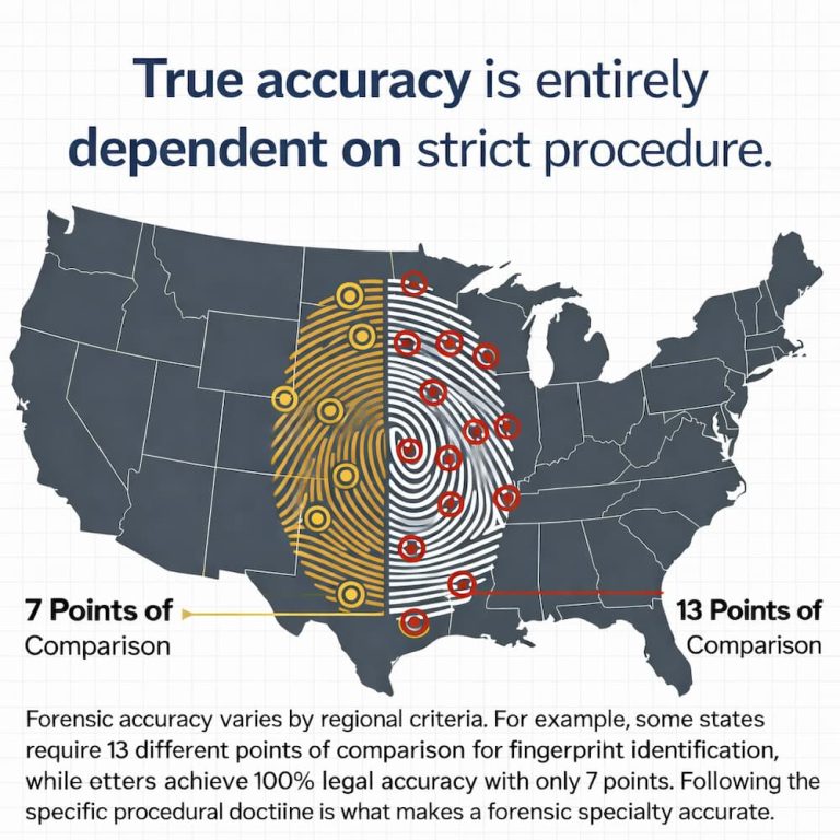 Bart Baggett forensic document examiner graphic showing regional fingerprint comparison standards across the US map proving procedure drives accuracy.