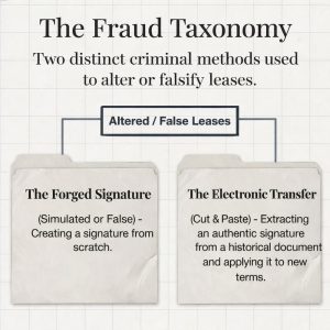 Bart Baggett, forensic document examiner, diagrams the two criminal methods used to forge or falsify a lease in this fraud taxonomy.