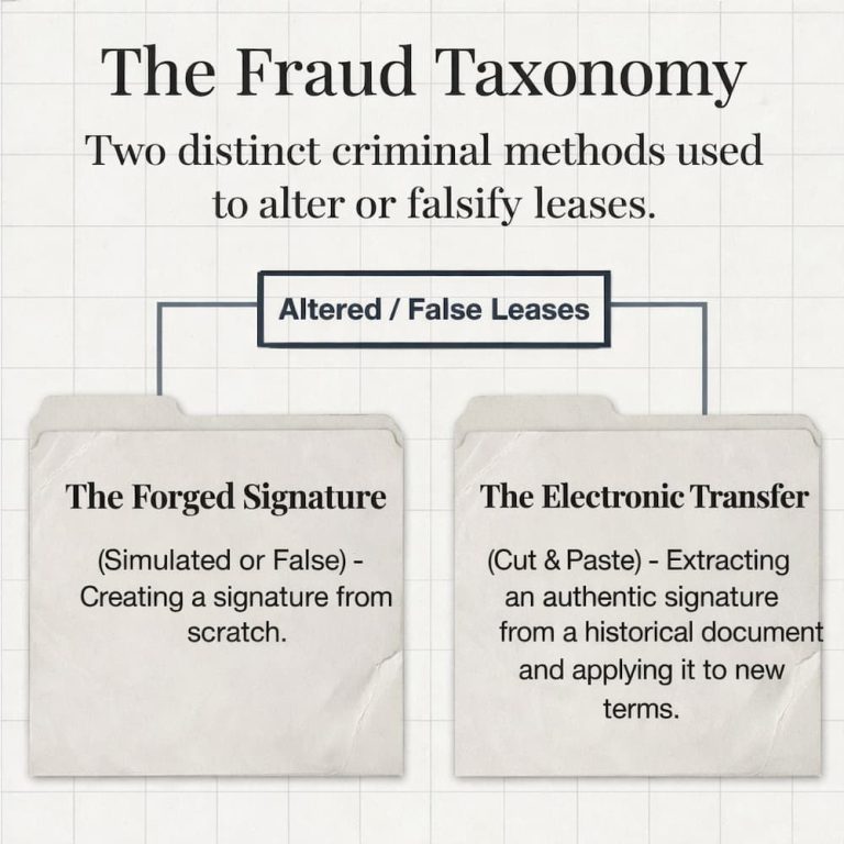 Bart Baggett, forensic document examiner, diagrams the two criminal methods used to forge or falsify a lease in this fraud taxonomy.