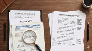 Bart Baggett forensic document examiner reviewing signatures on a last will and testament with a magnifying glass alongside a handwriting analysis report.