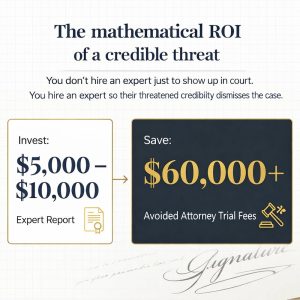 Bart Baggett forensic document examiner graphic showing a $5,000–$10,000 expert report can save over $60,000 in trial fees.