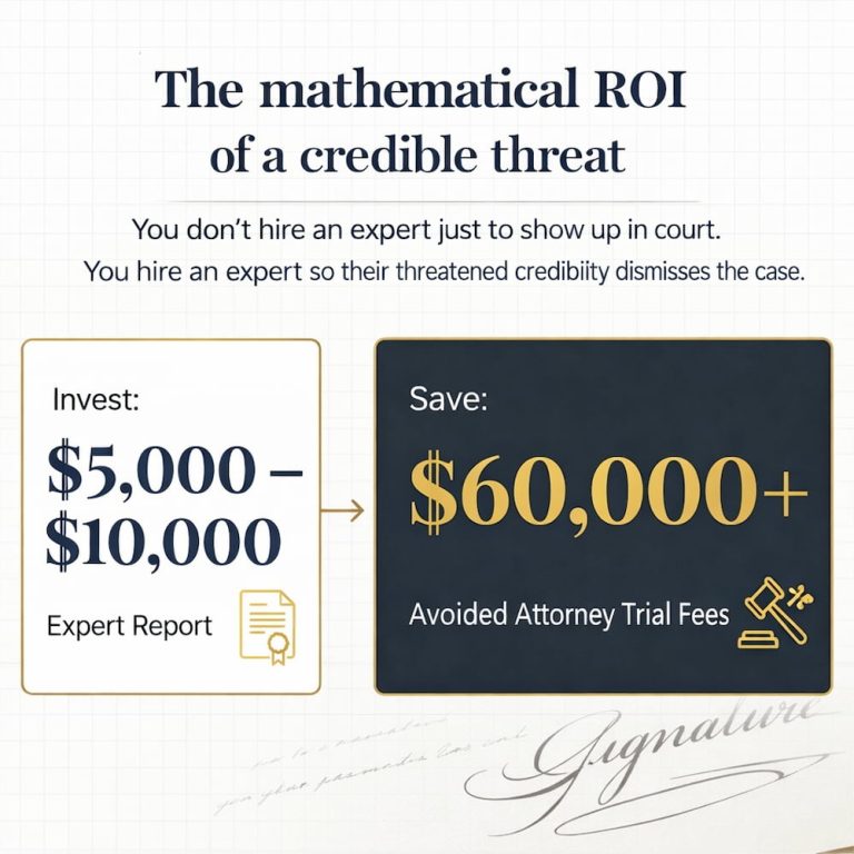 Bart Baggett forensic document examiner graphic showing a $5,000–$10,000 expert report can save over $60,000 in trial fees.
