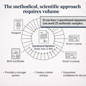 Bart Baggett forensic document examiner diagram showing 25 authentic signature samples needed to verify one questioned signature.