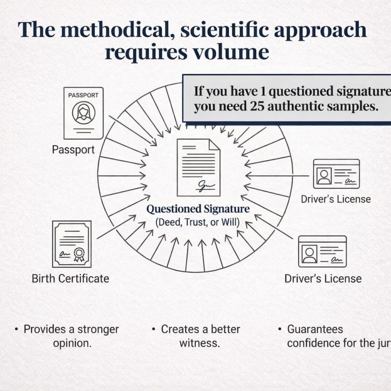 Bart Baggett forensic document examiner diagram showing 25 authentic signature samples needed to verify one questioned signature.