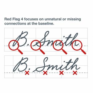 Bart Baggett, forensic document examiner, demonstrates Red Flag 4: unnatural or missing baseline connections in a forged signature.