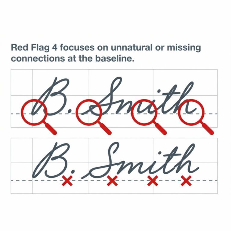 Bart Baggett, forensic document examiner, demonstrates Red Flag 4: unnatural or missing baseline connections in a forged signature.