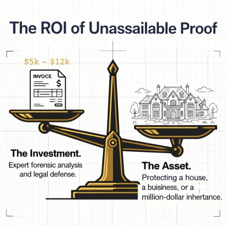 Bart Baggett forensic document examiner scale graphic showing $5k–$12k expert analysis protecting a house or million-dollar inheritance.
