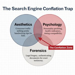 Bart Baggett, forensic document examiner, uses a Venn diagram to show how handwriting analysis is confused across aesthetics, psychology, and forensics.