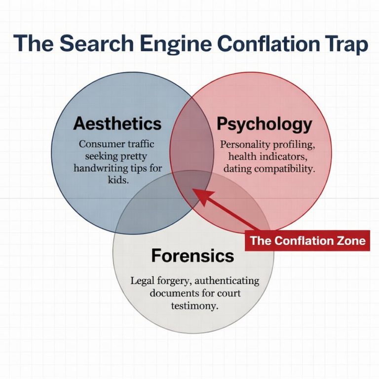 Bart Baggett, forensic document examiner, uses a Venn diagram to show how handwriting analysis is confused across aesthetics, psychology, and forensics.