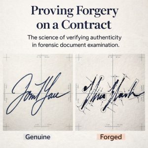 Bart Baggett, forensic document examiner, compares an authentic signature with a forensic analysis overlay revealing signs of forgery.