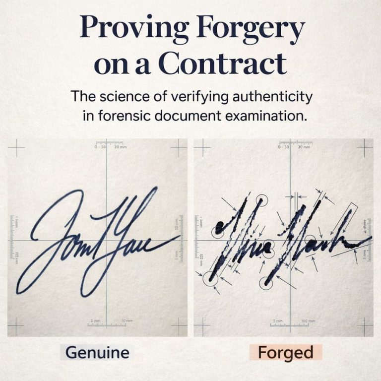 Bart Baggett, forensic document examiner, compares an authentic signature with a forensic analysis overlay revealing signs of forgery.