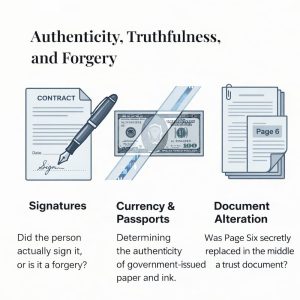 Forensic document examiner Bart Baggett illustrates three forgery types: signature fraud, currency authenticity, and document alteration.