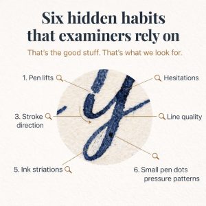 Bart Baggett forensic document examiner close-up diagram of six handwriting habits like pen lifts, stroke direction, and ink striations.