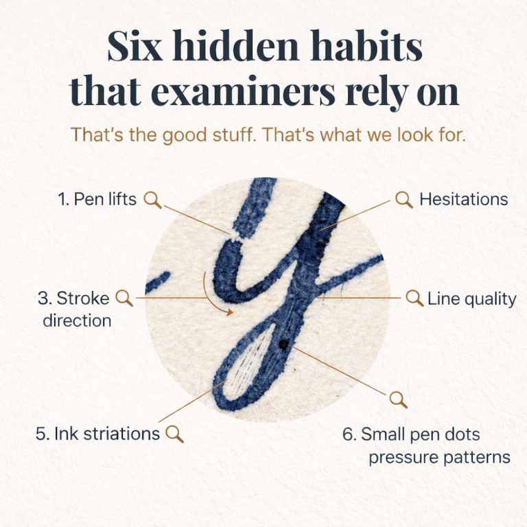 Bart Baggett forensic document examiner close-up diagram of six handwriting habits like pen lifts, stroke direction, and ink striations.