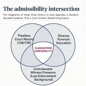 Forensic document examiner Bart Baggett's Venn diagram showing three factors that guarantee expert witness admissibility in court.