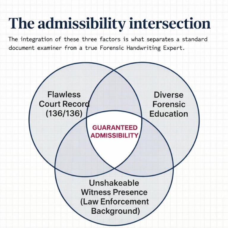 Forensic document examiner Bart Baggett's Venn diagram showing three factors that guarantee expert witness admissibility in court.