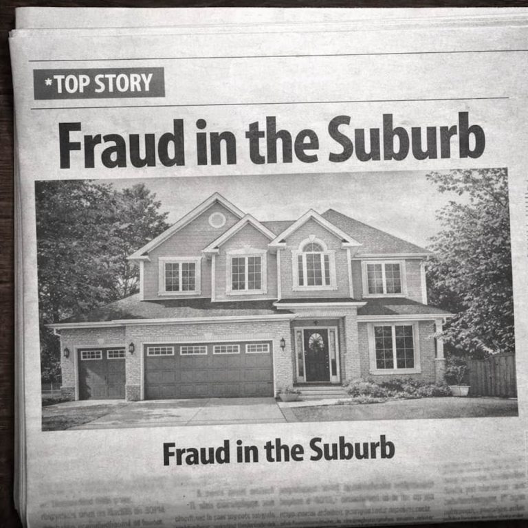 Forensic document examiner Bart Baggett highlights suburban real estate fraud via a newspaper front page headlined Fraud in the Suburb.