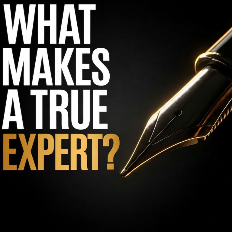 Forensic document examiner Bart Baggett poses the question of what makes a true expert alongside a close-up of a gold fountain pen.