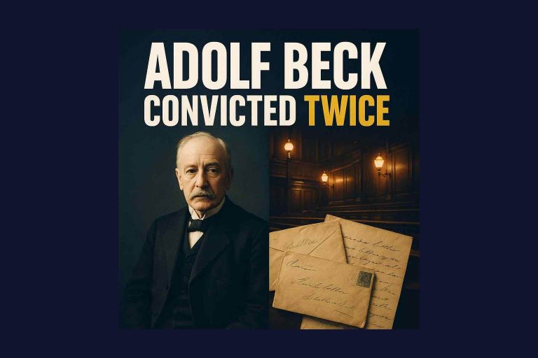 Illustration of Adolf Beck seated in Victorian attire beside fraudulent letters and a courtroom backdrop