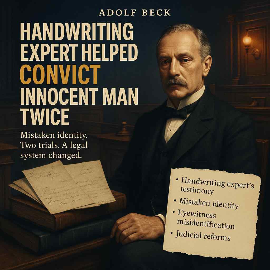 Illustration of Adolf Beck with solemn expression and yellowed letters in an Old Bailey courtroom scene