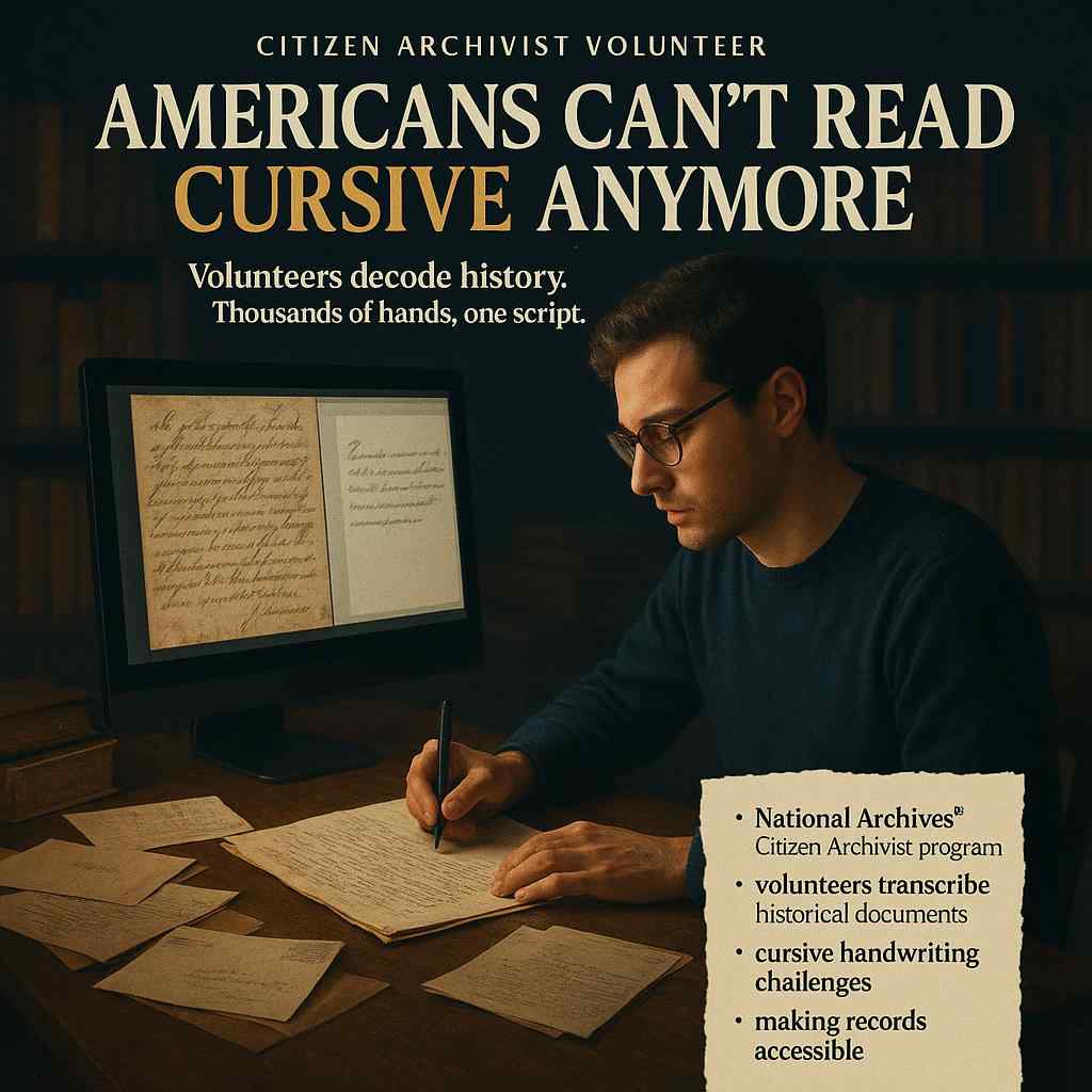 Illustration of a focused volunteer with historical papers and a computer, transcribing cursive in a library