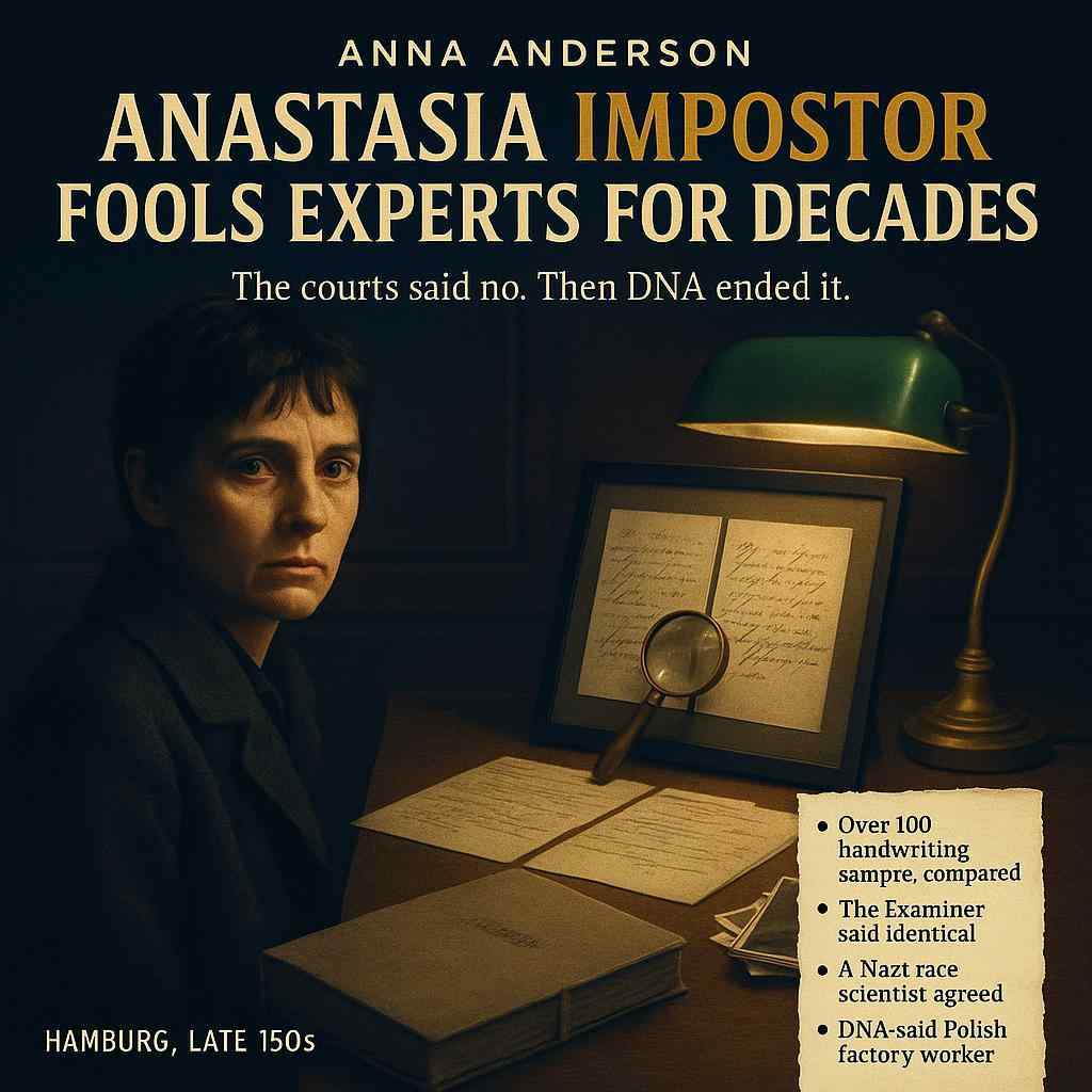 Illustration of Anna Anderson examining handwriting samples with a magnifier at a courtroom evidence table