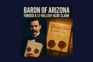 Illustration of James Addison Reavis holding a Spanish land grant, with Arizona map behind him