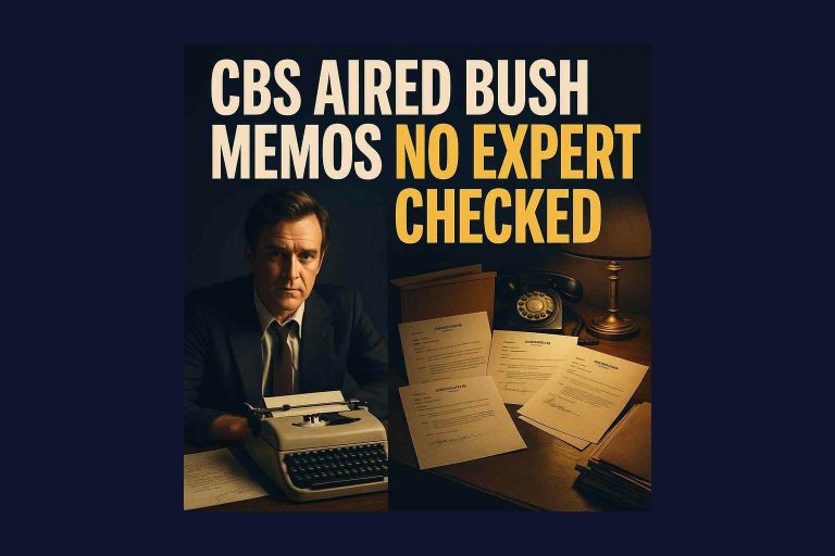 Illustration of four CBS Bush memos on a 1970s typewriter desk, with vintage office props.