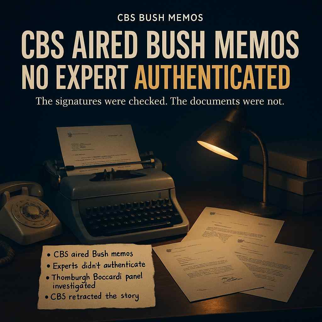 Illustration of a 1970s-style CBS newsroom with Bush memos and a period typewriter.