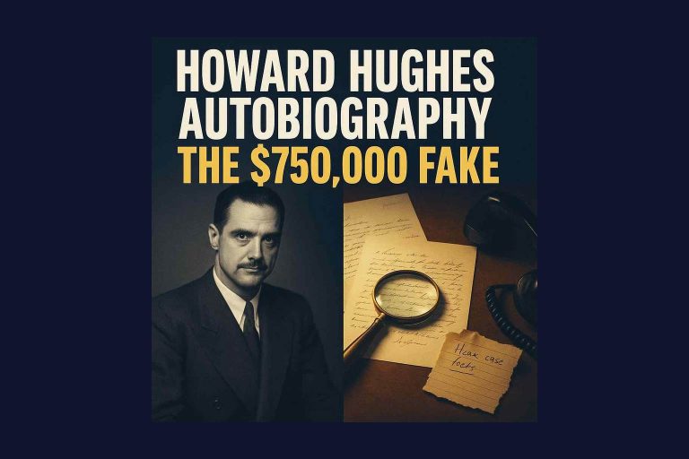 Illustration of Howard Hughes in a suit beside forged handwritten letters and a phone
