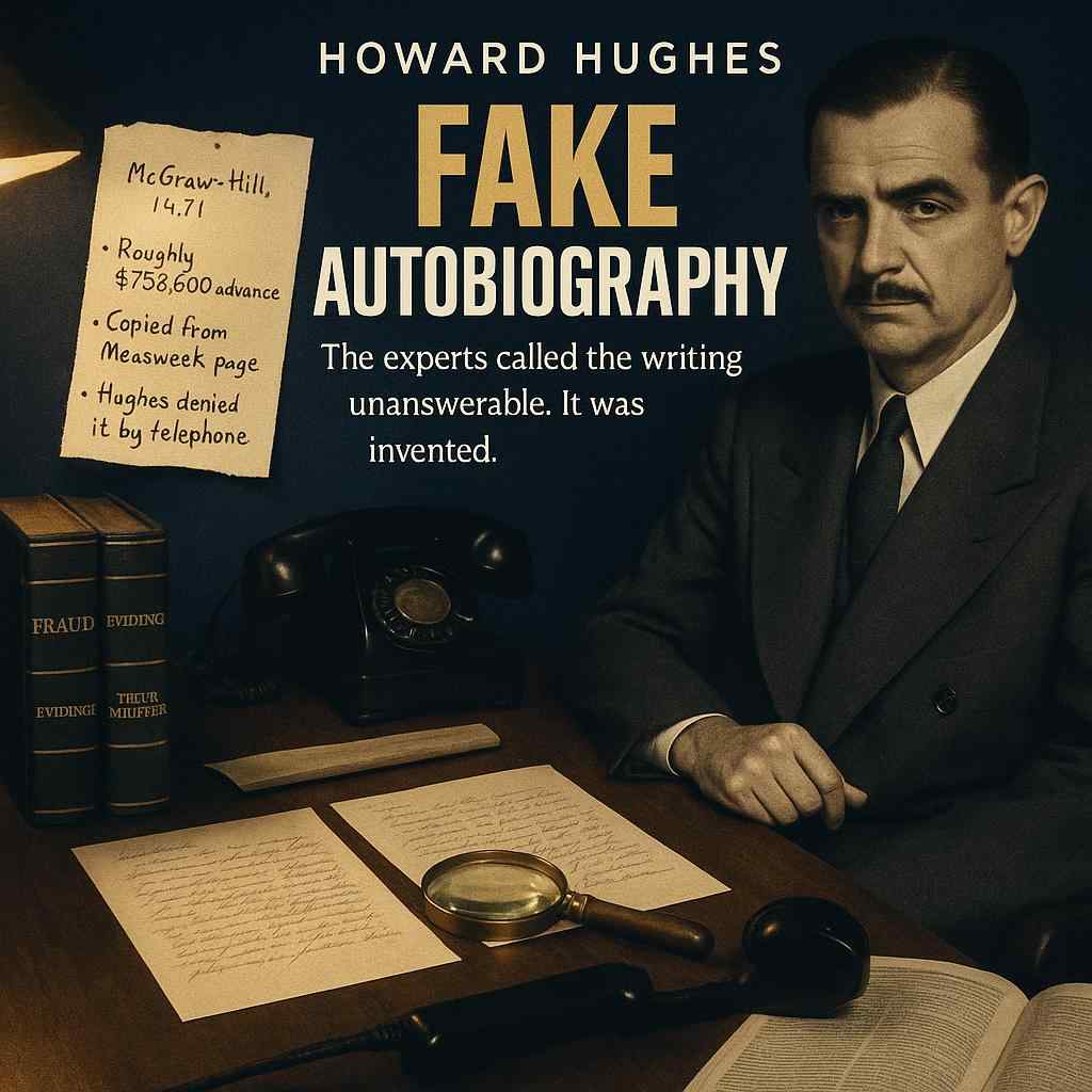 Illustration of Howard Hughes with handwritten letters under a magnifier and a torn notepad