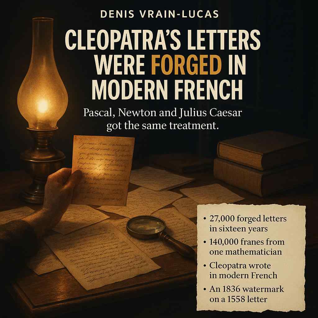 Illustration of a Paris study desk covered in forged letters attributed to Cleopatra and Newton
