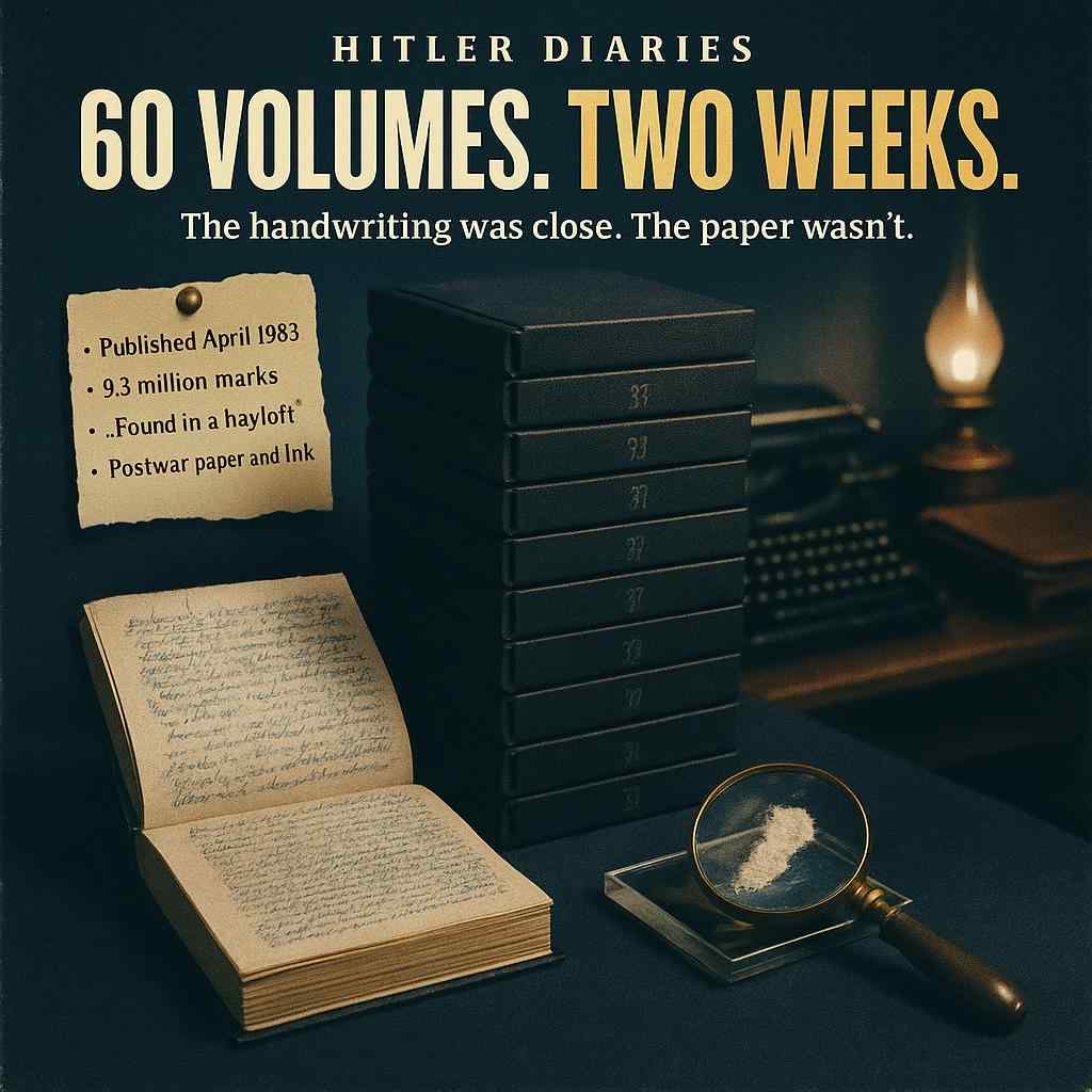 Illustration of the Hitler Diaries open to handwritten pages beside a torn notepad scrap